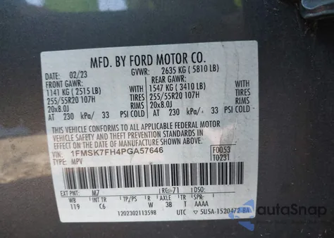 2023 Ford Explorer Limited из США, поврежденный, VIN 1FMSK7FH4PGA57646